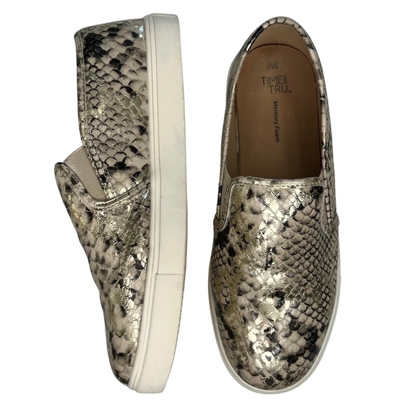 Faux Snakeskin Slip On Sneakers Time and Tru Black Cream Metallic 8 W Wide - Picture 1 of 14